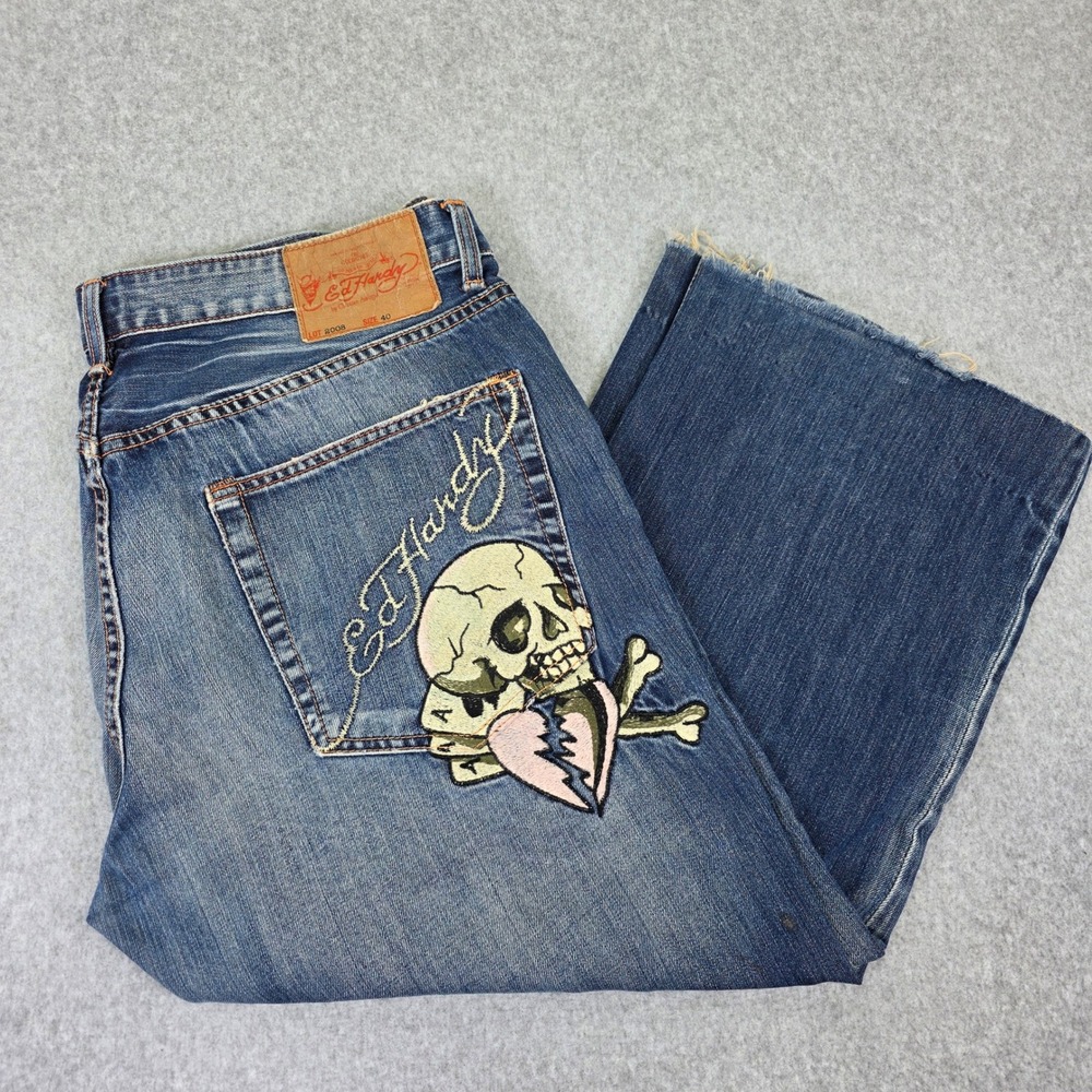 Ed Hardy Skull Embroidery Jeans Men's 40x26 Blue Distressed‎ Y2K Baggy Wide-Leg